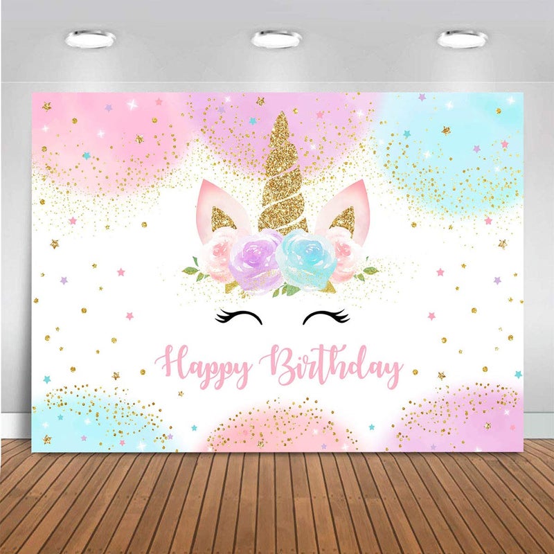 Mocsicka Unicorn Birthday Decorations Backdrop for Girls Party 5x3ft Pastel Rainbow Glitter Stars Dots Happy Birthday Banner Photo Booth Props - Image 1